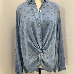 Italian Women Denim Jean Polka Blouse Shirt Medium Distressed Size M